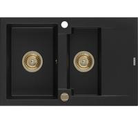 Mexen Gaspar évier en granit 1,5 bac avec égouttoir 737 x 475 mm, noir, siphon doré - 6507731505-77-G 16173 5905315011824