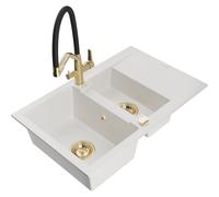 Mexen Gaspar évier granit 1,5 bac avec égouttoir et robinet de cuisine Duo, blanc - 6507-20-671701-57-G 22705 5905315100474