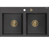 Mexen Hektor évier en granit 2 bacs 800 x 480 mm, noir moucheté, siphon doré - 6521802000-76-G