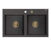Mexen Hektor évier en granit 2 cuves 800 x 480 mm, noir moucheté, siphon doré - 6521802000-76-G 31495 5905315236449