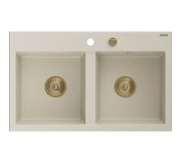 Mexen Hektor évier en granit à 2 bacs 800 x 480 mm, beige, siphon doré - 6521802000-69-G 31383 5905315236401