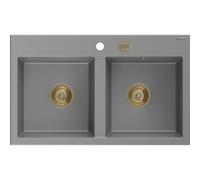 Mexen Hektor évier en granit à 2 bacs 800 x 480 mm, gris, siphon doré - 6521802000-71-G 31404 5905315236418