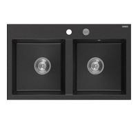 Mexen Hektor évier en granit à 2 bacs 800 x 480 mm, noir/argent métallique, siphon chrome - 6521802000-73 31351 5905315070999