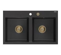 Mexen Hektor évier en granit à 2 bacs 800 x 480 mm, noir/argent métallique, siphon doré - 6521802000-73-G 31474 5905315236425