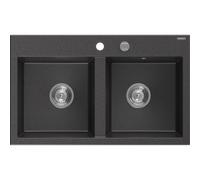 Mexen Hektor évier en granit à 2 bacs 800 x 480 mm, noir moucheté, siphon chromé - 6521802000-76 31358 5905315071019