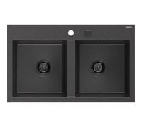 Mexen Hektor évier en granit à 2 bacs 800 x 480 mm, noir moucheté, siphon noir - 6521802000-76-B 31523 5905315236654