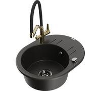 Mexen Kevin 1.5-bowl Granite Kitchen Sink with Duo Mixer, Black/Gold Metallic - 6517-75-671701-57-B
