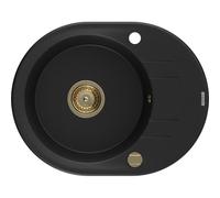 Mexen Kevin évier en granit à 1 bac avec égouttoir 586 x 458 mm, noir, siphon doré - 6517581005-77-G 16246 5905315012456