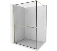 Mexen Kioto+ paroi de douche avec tablette et barre 140 x 200 cm, Transparent/Noir motif 8 mm, Or - 800-140-121-50-70