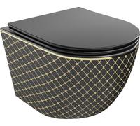 Mexen Lena Cuvette de WC sans rebord avec plaque mince à chute lente, duroplast, damier noir/or - 30224079