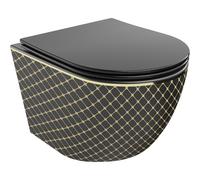 Mexen Lena cuvette WC sans bride avec abattant à descente lente slim, duroplast, noir mat/or motif grille - 30224079 15872 5907709154582