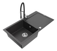 Mexen Leo évier en granit 1 bac avec égouttoir et robinet de cuisine Aster, noir moucheté - 6501-76-73450-07 18555 5905315042828