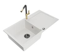 Mexen Leo évier en granit 1 bac avec égouttoir et robinet de cuisine Flora, blanc - 6501-20-670401-57-B 19582 5905315056016