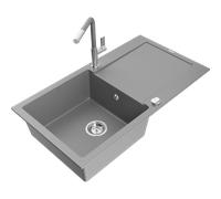 Mexen Leo évier en granit 1 bac avec égouttoir et robinet de cuisine Flora, gris - 6501-71-670401-06 19739 5905315056115