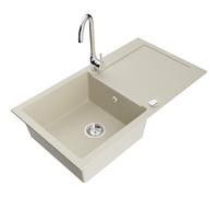 Mexen Leo évier en granit 1 bac avec égouttoir et robinet de cuisine Telma, beige - 6501-69-670200-00 17768 5905315013736