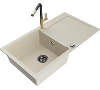 Mexen Leo Évier en granit 1 cuve avec égouttoir et mélangeur Flora, Beige - 6501-69-670401-57-B