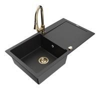 Mexen Leo évier en granit 1 cuve avec égouttoir et robinet de cuisine Elia, noir/argent métallisé - 6501-73-670101-50 19468 5905315027276