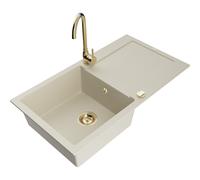 Mexen Leo évier en granit 1 bac avec égouttoir et robinet de cuisine Telma, beige - 6501-69-670200-50 17769 5905315013743