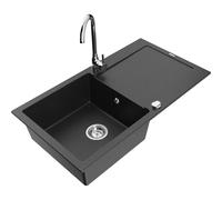 Mexen Leo évier en granit 1 bac avec égouttoir et robinet de cuisine Telma, noir/métallisé argent - 6501-73-670200-00 6138 5907709189010