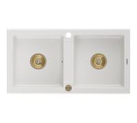 Mexen Mario évier 2 cuves en granit 820 x 436 mm, blanc, siphon Gold - 6504822000-20-G
