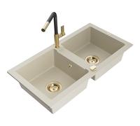 Mexen Mario évier de cuisine en granit à 2 bacs avec robinet Flora, beige - 6504-69-670401-57-G 20073 5905315057570