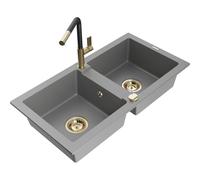 Mexen Mario évier en granit à 2 cuves avec robinet de cuisine Flora, gris - 6504-71-670401-57-G 20475 5905315057648