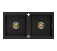 Mexen Mario évier en granit 2 bacs 820 x 436 mm, noir, siphon doré - 6504822000-77-G 16151 5905315011619