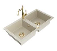 Mexen Mario évier en granit 2 bacs avec robinet de cuisine Carla, beige - 6504-69-670700-50 16700 5905315038401