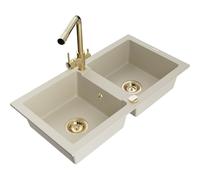 Mexen Mario évier en granit à 2 bacs avec robinet de cuisine Duero, beige - 6504-69-671600-50 17122 5905315023032