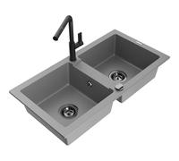 Mexen Mario évier en granit à 2 bacs avec robinet de cuisine Flora, gris - 6504-71-670401-70-B 20477 5905315057662