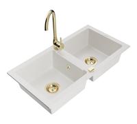 Mexen Mario évier en granit 2 cuves avec robinet de cuisine Telma, blanc - 6504-20-670200-50 6179 5907709189423