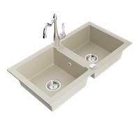 Mexen Mario évier en granit à 2 cuves avec robinet de cuisine Carla, beige - 6504-69-670700-00 16610 5905315038388