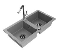 Mexen Mario évier en granit à 2 cuves avec robinet de cuisine Flora, gris - 6504-71-670401-07-B 20474 5905315057631