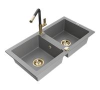 Mexen Mario évier en granit à 2 cuves avec robinet de cuisine Flora, gris - 6504-71-670401-57-G 20475 5905315057648