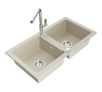 Mexen Mario évier en granit double bac avec robinet de cuisine Flora, beige - 6504-69-670401-00 20069 5905315057532