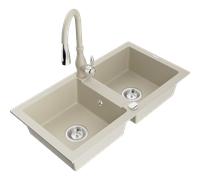Mexen Mario évier en granit double cuve avec robinet de cuisine Savita, beige - 6504-69-672601-69 16964 5905315033260