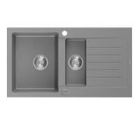 Mexen Matias évier en granit 1,5 bac avec égouttoir 900 x 505 mm, gris, siphon chromé - 6502901505-71 3546 5907709193789