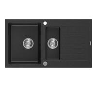Mexen Matias évier en granit 1,5 bac avec égouttoir 900 x 505 mm, noir/métallique argent, siphon chromé - 6502901505-73 3548 5907709193796
