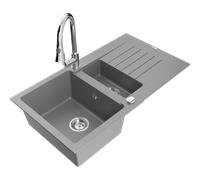 Mexen Matias évier en granit 1,5 bac avec égouttoir et robinet de cuisine Elia, gris - 6502-71-670101-00 19495 5905315027528