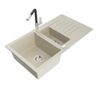 Mexen Matias évier en granit 1,5 bac avec égouttoir et robinet de cuisine Flora, beige - 6502-69-670401-07 19782 5905315056542