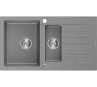 Mexen Matias Évier en granit 1,5 bacs avec étagère 900 x 505 mm, gris, siphon chromé