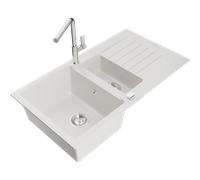 Mexen Matias évier en granit 1,5-bassins avec égouttoir et robinet de cuisine Flora, blanc - 6502-20-670401-00 19773 5905315056450