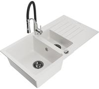 Mexen Matias évier en granit 1,5 bol avec égouttoir et mélangeur Aster, blanc - 6502-20-73450-07-B