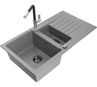 Mexen Matias évier en granit 1,5 bol avec égouttoir et mélangeur Flora, Gris - 6502-71-670401-07-B