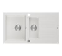 Mexen Matias évier en granit 1,5 cuves avec égouttoir 900 x 505 mm, blanc, siphon chromé - 6502901505-20 3544 5907709193758