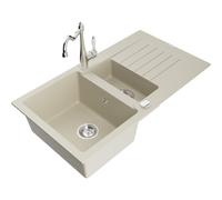 Mexen Matias évier en granit 1,5-cuves avec égouttoir et robinet de cuisine Carla, beige - 6502-69-670700-00 16488 5905315037749