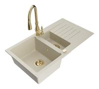 Mexen Matias évier en granit 1,5 bol avec égouttoir et mélangeur Savita, Beige - 6502-69-672601-50