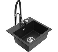 Mexen Milo évier en granit 1 bac avec mitigeur de cuisine Aster, noir / métal argenté - 6505-73-73450-07 19002 5905315044389