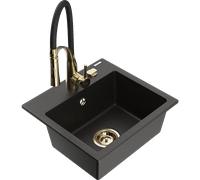 Mexen Milo évier en granit 1 bac avec robinet de cuisine Aster, noir/or métallisé - 6505-75-73450-57-G 19009 5905315044464
