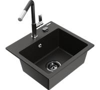Mexen Milo évier en granit 1 bac avec robinet de cuisine Flora, noir/doré métallique - 6505-75-670401-07-B 20558 5905315058256